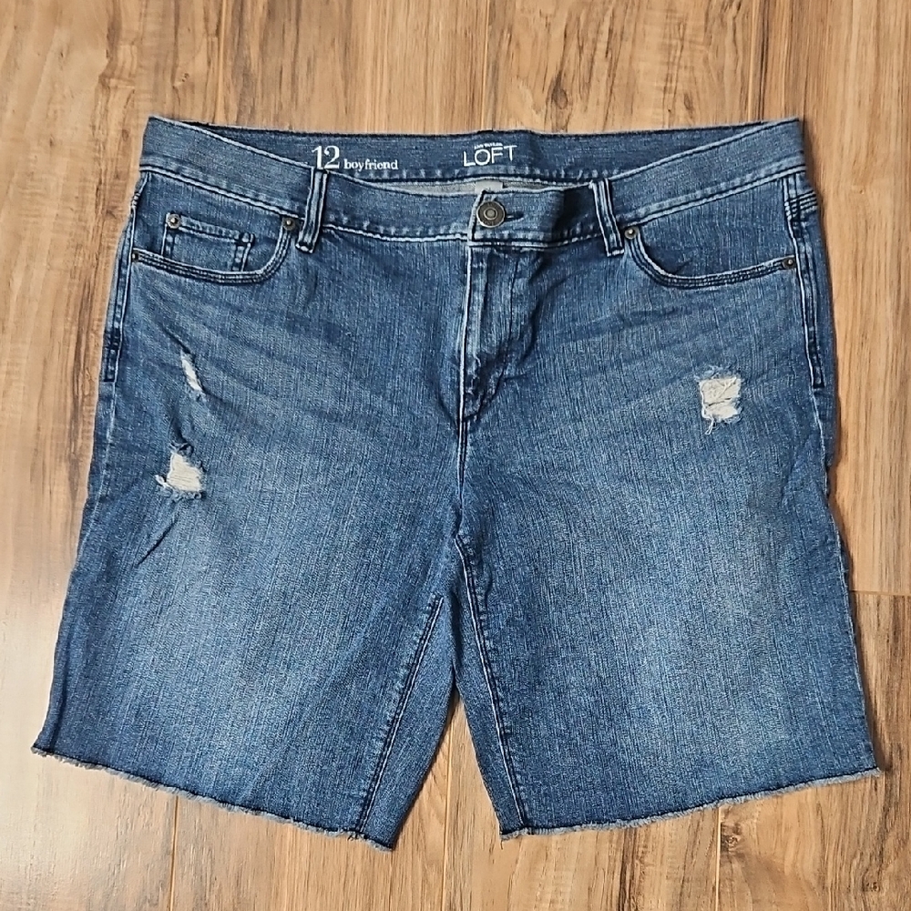 LOFT Distressed Dark Blue Denim Boyfriend Shorts 12